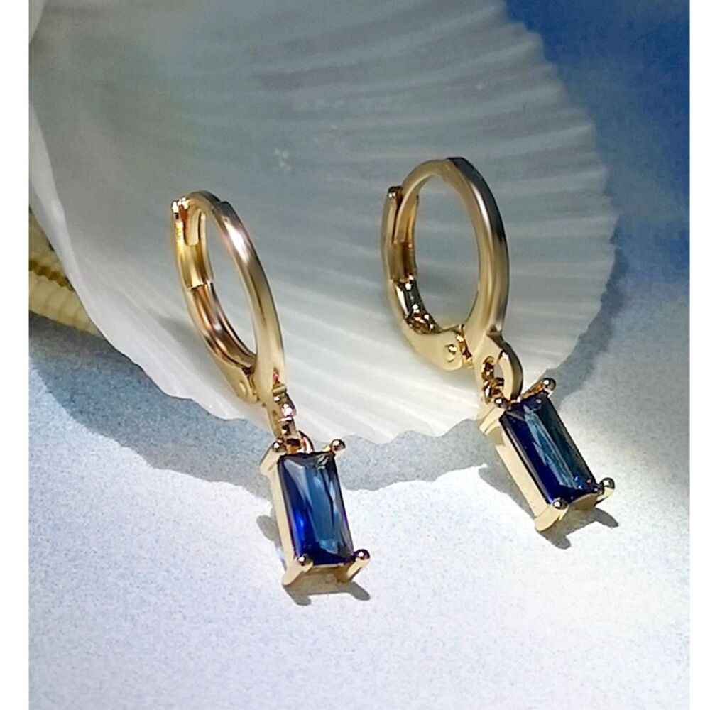 Rectangle Blue Zirconia Crystal Drop Hoop Gold Earrings Emerald Cut Gemstone New - Picture 2 of 5